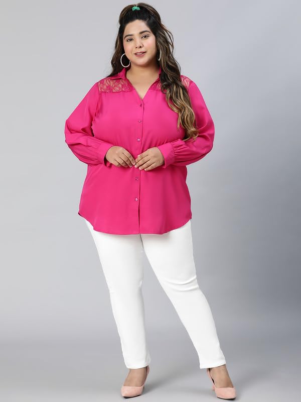 Image of oxolloxo Women Plus Size lace Detailed Collared Long Sleeve Shirt