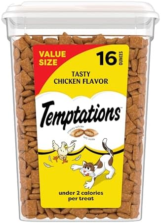 Temptations Classic Crunchy and Soft Cat Treats, Tasty Chicken, 16 oz | Under 2 calories per treat, crunchy outside & soft inside, resealable tub, 100% complete & balanced, snack, meal or topper