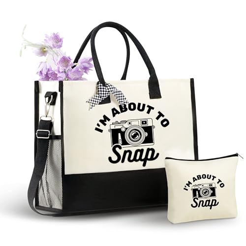 InnoBeta Photographer Gifts Canvas Tote Bag, Photographer Bag with Top Zipper Closure and Shoulder Strap for Birthday, Mother's Day, Christmas - I'm about to snap