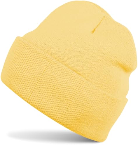 styleBREAKER Unisex Beanie Mütze einfarbig | Klassische Feinstrick Winter Strickmütze mit breitem Umschlag | Elastische Beanie in vielen Farben für Damen und Herren Farbe:Butterblumengelb