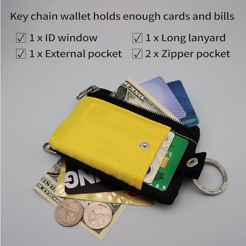 Lanyard with Wallet, RFID Card Wallet with Zipper and ID Holder, Small Water Resistant Wallets with Lanyard Keychain for Men & Women - Black and Yellow2