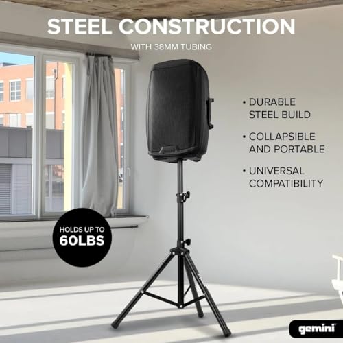 Image of Gemini Tripod PA Speaker Stand, Adjustable Height, 60lb Capacity (ST-04) | Tripod PA speaker stand, 60 lb capacity - telescopes to 80 inch - dual-locking safety - folds, aluminum