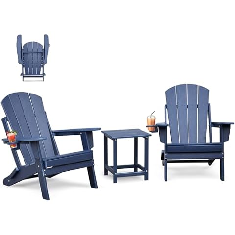 Skypatio 3 Pieces Folding Adirondack Chairs Set, Weather Resistant Adirondack Chairs Set of 2 with Cup Holder, 1 Side Table, 380 lb Weight Capacity Portable Patio Fire Pit Chairs(Blue) Cover