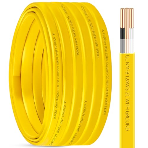 50ft NM-B 12/2 Wire with Ground 12 Gauge Electrical Wire Copper 12 AWG 2 Conductors Solid Indoor 12/2 W/G NMB Cable Nonmetallic with Ground Residential Building Wiring for Branch Circuit Switch Outlet