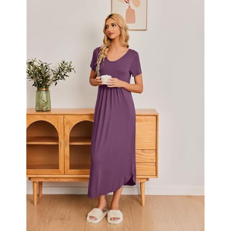 Ekouaer Long Nightgowns for Women House Dress Plus Size Sleepwear Pleated Full Length Loungwear S-4XL 상세이미지 2