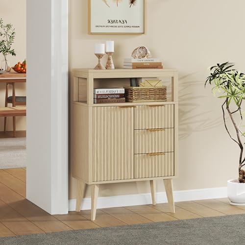 Image of Natural Wood Bathroom Floor Cabinet with 3 Fluted Drawers & Door, Modern Storage Sideboard with Open Shelf, Coffee Bar Station for Living Room, Entryway, 23.6 x 11.8 x 34.6 Inches