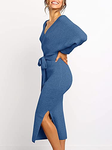 Image of Chang Yun Women's Long Maxi Sweater Dresses Sexy Wrap Batwing V Neck Slit Open Back Holiday Bodycon Dress with Belt