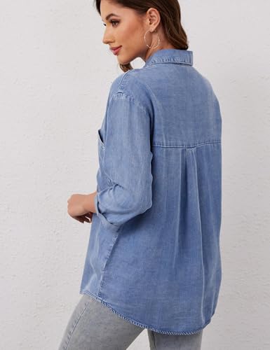 Yimoon Womens Denim Shirt Chambray Blue Button Down Jean Shirt Denim Tops Soft Tencel Casual 3/4 Sleeve Jacket4