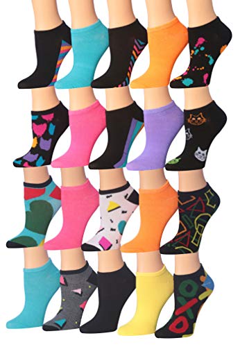 Tipi Toe Women's 20 Pairs Colorful Patterned Low Cut/No Show Socks (Brights Geo & Hearts)