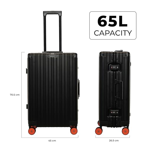 Image of EUME 100% Aluminium Trolley Bag for Travelling| 60cm Luggage Trolley Bag Medium Size for Travel| 8 Silentrun 360 Degree Spinner Wheels | Premium Trolley Bag for Travel (Black with Orange Wheels)