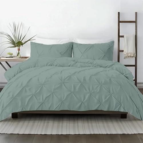 Kotton Culture 3 Pc Queen/Full Size Pinch Pleated - Pintuck Duvet Cover Set - 100% Egyptian Cotton 600 Thread Count Decorative Comforter Cover-Zipper Closure & 7 Internal Ties (Aqua Green, 90" X 90")