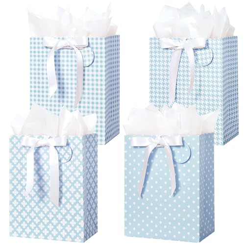 Crisky Blue Gift Bags Medium Size with Handles Tissue Paper & Ribbon - 4 Pack 9- Medium Gift Bags for Women Birthday Christmas Wedding Bridal Shower Graduation & New Year Gifts