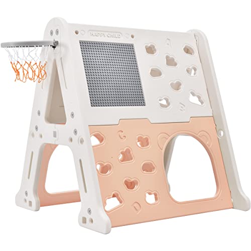 5-In-1 Toddler Climber Basketball Hoop Set, Demountable Children Playground Freestanding Climber Playset With Tunnel, Climber, Whiteboard, Toy Building Block Baseplates, Combination For Babies, Pink #TOP26