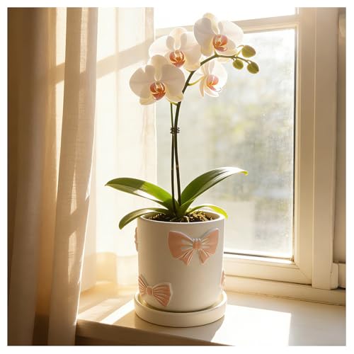 Giafiny Cute Pink Orchid Pot, Bow Decorative Succulent Planter for Indoor/Outdoor Plants, Hand Painted Pink Bow Cement Flower Pots with Tray/Drainage Hole for Home Room Decor