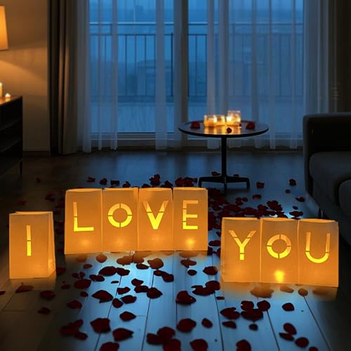 Image of I Love You Sign Letter - I Love You Sign Light Up Letters, Romantic Proposal Anniversary Decorations for Valentines Day Special Night, Luminary Paper Bags with Tea Lights Candles Rose Petals