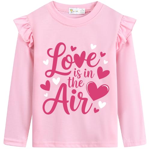 Image of Girls Valentine's T-Shirt Kids Loved Butterfly Tee Toddler Be Mine Heart Tops Love is Magic Ruffle Long Sleeves 2-7T