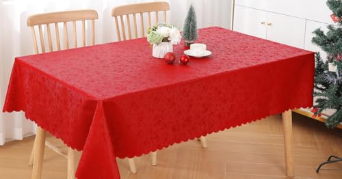 Image of Smiry Rectangle Waterproof Heavy Duty Vinyl Tablecloths, 60 x 102 Inch | Wipeable Washable Floral Embossed Table Cover for Kitchen and Dining Room, Indoor & Outdoor Use, Red