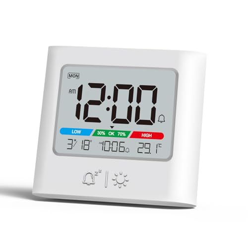 ALANAS Small Battery Operated Alarm Clock, Date Temperature Humidity Display, Compact Travel Digital Clocks, Snooze, Backlight, Wall Mountable, for Student Dorm, Small Spaces, Desk, Shelf