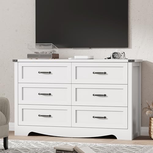 Image of Dresser for Bedroom with 6 Drawers, 48 inch Wide Modern Chest of Drawers with Deep Drawers & Mental Handle, Wood Dresser TV Stand, Wooden Closet Storage Organizer for Living Room, Hallway, Entryway, White