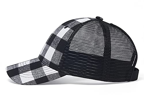 Image of Quanhaigou Trucker Hat - Mesh Snap Back - Unisex Adjustable Baseball Cap - Outdoor Hats for Men Women (Plaid Black)