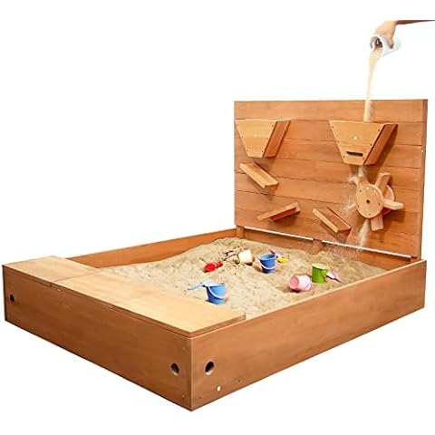 Jugader Kids Sandbox with Cover, Sand Wall, Bottom Liner, Seat, Wooden Sand Box Outdoor Cover