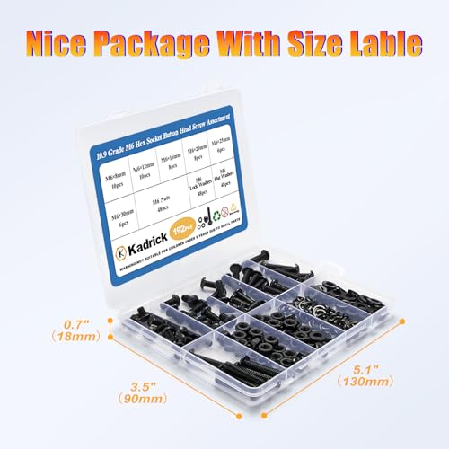 kadrick m6 screw assortment 192pcs m6 screw kitmachine screws with lock amp flat washers grade 109 alloy steel hex socket button head black screws nuts and bolts kit