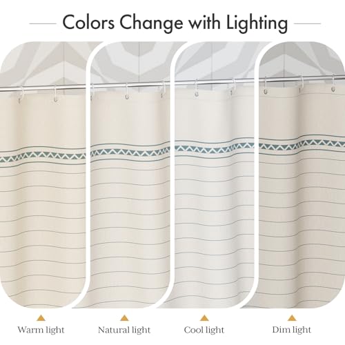 Image of AmazerBath Farmhouse Shower Curtains for Bathroom, Boho Shower Curtain Set with Tassels, Rustic Faux Linen Blue Striped Neutral Shower Curtain with Hooks, Light Tan Toned, 72x72 Inches