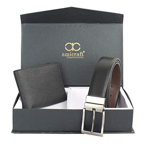 Image of Amicraft Faux Leather Men's Wallet & Belt Combo Set Black Brown Reversible Gift set