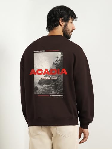Image of Nobero Men's Graphic Printed Oversized Sweatshirt | Cotton Rich Fleece Round Neck Pullover | Relaxed Fit Casual Winter Wear for Men