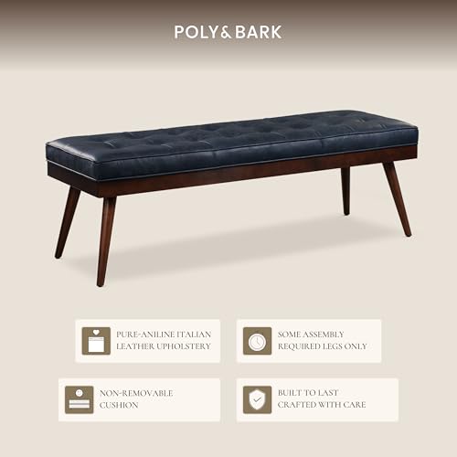 Image of POLY & BARK 55 inch Tufted Leather Bed Bench for Bedroom End of Bed - Living Room Entry Way Bench - Pure Italian Leather Upholstery with a Solid Wood Frame - Ottoman Bench with Wooden Legs - Midnight Blue