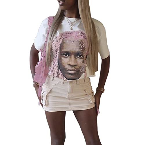 Women Graphic Tee Crop Tops Loose Fit Casual Short Sleeve Round Neck Cute Summer T Shirts Blouses White