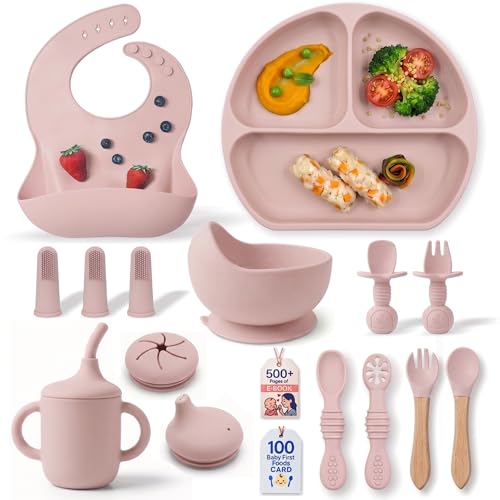 Remonda 17-Piece BPA-Free Baby Silicone Feeding Set | Extra Large Suction Plates, Toddler Bowls, Self Feeding Spoons, and More | Dishwasher Safe| Infant Led Weaning Supplies(Pink)A