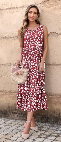 AUSELILY Summer Sleeveless Maxi Dresses for Women Ladies Red Floral Summer Long Dresses Flowy Tiered Long Dress with Pockets Beach Holidays Party Wedding Guest Dresses L - Image 2