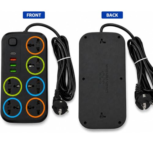 Image of Extension Board 10Amp Output 250 Volts 1 Mtr Extension Cord | 6 Universal Sockets, 3 USB & Type-C Port | Master Switch, Safety Shutter | Multi Plug Travel Adapter for Home Appliances