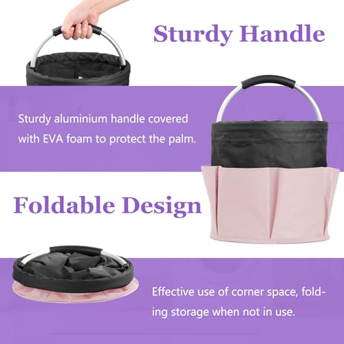 Image of 2Pcs 17L Shower Caddy with 6 Pockets, Portable Cleaning Caddy in 600D Oxford Fabric, Cleaning Supplies Bucket with Handle, Multifunctional Storage Basket for Dorm, Family, Black with Pink