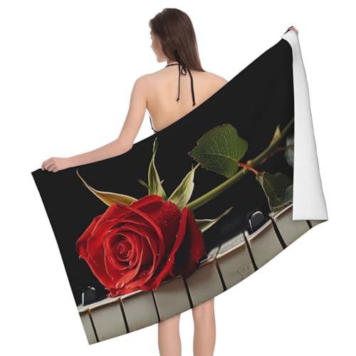 DCEHGEW Red Rose On Piano Printed Microfiber Bath Towels 52x32 Inch, Highly Absorbant Beach Towel Bath Sheets for Bathroom Travel Hotel Spa