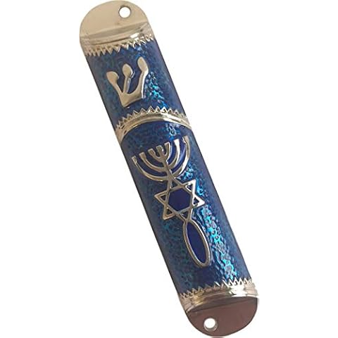 Holy Land Market Messianic Seal Mezuzah case - 4.1 Inch with Scroll Included (Dark Blue - Silver Frame) Cover