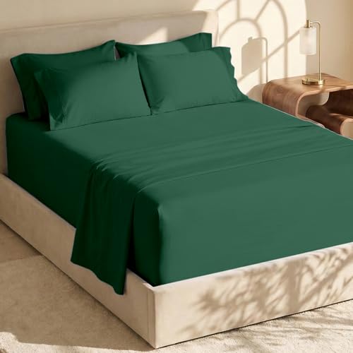 Image of Hearth & Harbor Bed Sheets, Luxury Soft 6 Piece Bed Sheet Set Extra Deep Pocket Fitted Sheets Fits Mattress up to 21 inch, Double Brushed Bedding Sheets & Pillowcases, Split King, Dark Green