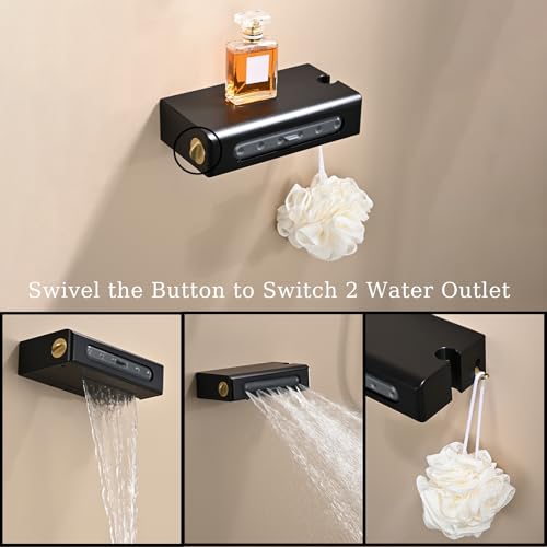 Juego de grifería para ducha negro con acabado oro titanio cepillado, sistema mural con 4 funciones, incluye cabezal de ducha, ducha de mano, grifo para bañera tipo cascada y ganchos para ducha miniatura 5
