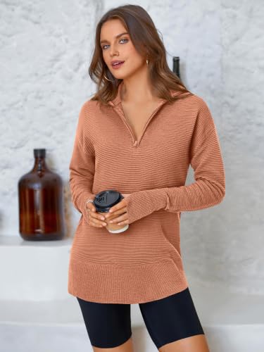 Image of PRETTYGARDEN Womens Long Sleeve Quarter Zip Pullover Sweater | Casual Loose V Neck Sweaters with Thumb Hole, Collared Ribbed Knit Jumper Tops, Oversized Tunic Tops, Fall Outfits 2026