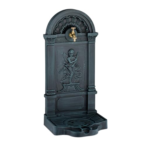 Relaxdays Fontaine extérieure de Jardin, Design Antique, Petit Ange, H x L x P : 83 x 39 x 33 cm, Gris et Vert