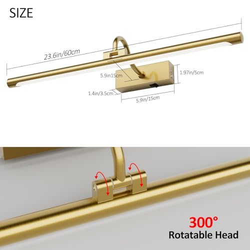 Image of Aipsun 23.6 inch Brass Picture Lights for Wall Rechargeable,12000mAh Battery Operated Art Light for Paintings,3CCT Dimmable, Rotatable Gallery Light for Pictures Display