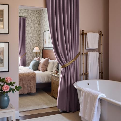 Image of Blackout Lavender Purple Velvet Curtains 52x96 Inch 2 Panels | Soft Velvet, For Bedroom & Living Space, Light Shifting Texture, Refined Drape, Serene, Elegant, Rod Pocket