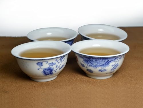 Image of Liang baobao Chinese Traditional Tea Tasting Cup Set of 4, 2oz White Porcelain Mini Cups for Gongfu Tea Ceremony (Peony)