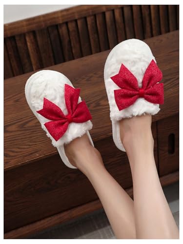 OYOANGLE Women's Bow Decor Round Toe Fuzzy Slippers Plush Home Slippers Indoor Bedroom Warm Slippers3