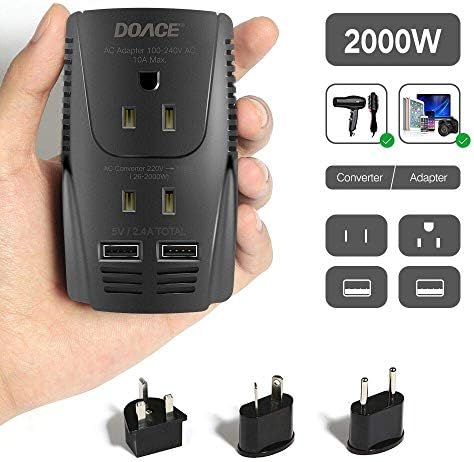 2019 Upgraded DOACE C11 2000W Travel Voltage Converter for Hair Dryer Straightener Flat Iron, Step Down 220V to 110V, 10A Power Adapter with 2-port USB, EU/UK/AU/US Plugs for Laptop Camera Cell Phone (Renewed)