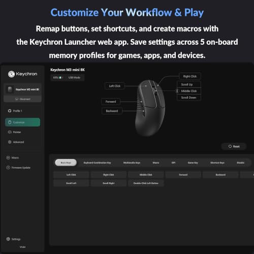 Image of Keychron M3 Mini 8K Wireless Gaming Mouse, 55g Lightweight, PixArt 3950 Sensor, 30K DPI, Bluetooth 5.3 /2.4GHz /Wired, Programmable, 140H Battery, for Mac /Windows /Linux - Black