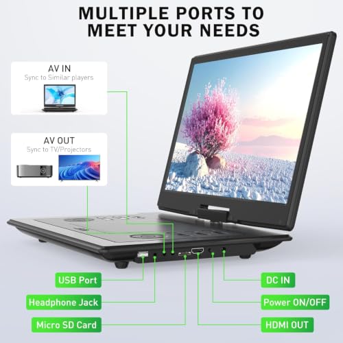 Image of 17.3 inch Portable DVD Player with Bluetooth Hadphones and Carrying Bag,15.4 inch Wide-Viewing-Angle HD Screen,6-Hours Rechargeable Battery,Car DVD Player for Kids,Support Bluetooth /HDMI in /AV /CD /VCD /DVD /USB