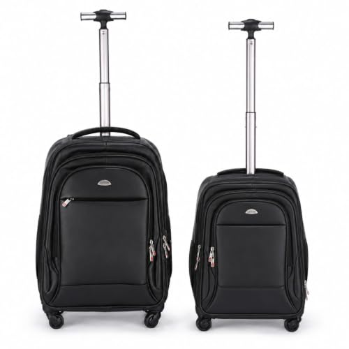 Kit 2 Malas Mochilas de Rodinhas Luxo Executivo em Couro Sintético Premium, Trolley Preta para Notebook 15”, Rodinhas 360°, Puxador Retrátil, Alças Removíveis, Tamanhos 67cm e 52cm