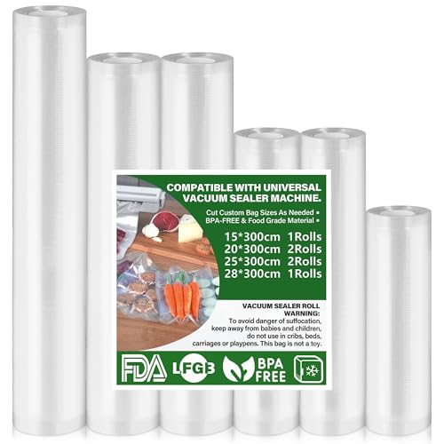Vakuumierbeutel 6 Rollen Vakuumbeutel Lebensmittel 15|20|25|28x300cm, Vakuumierfolie für alle Vakuumiergerät, BPA-frei, reißfest, 190µm, Sous Vide Gefrierbeutel für alle Mikrowelle